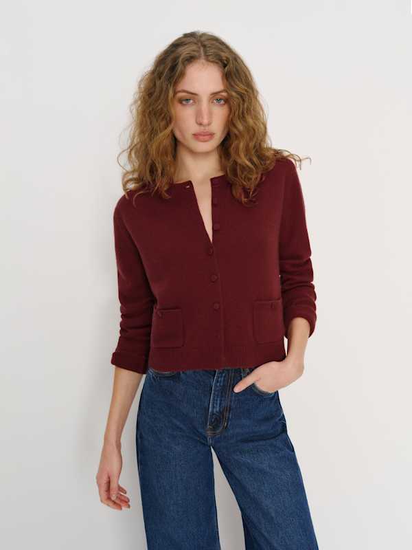 Clara Cashmere Crew Cardigan - Chianti Patch Pocket