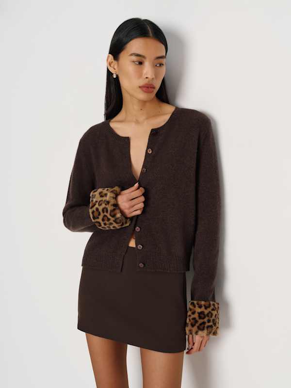Clara Cashmere Crew Cardigan - Compost Leopard Faux Fur Cuff