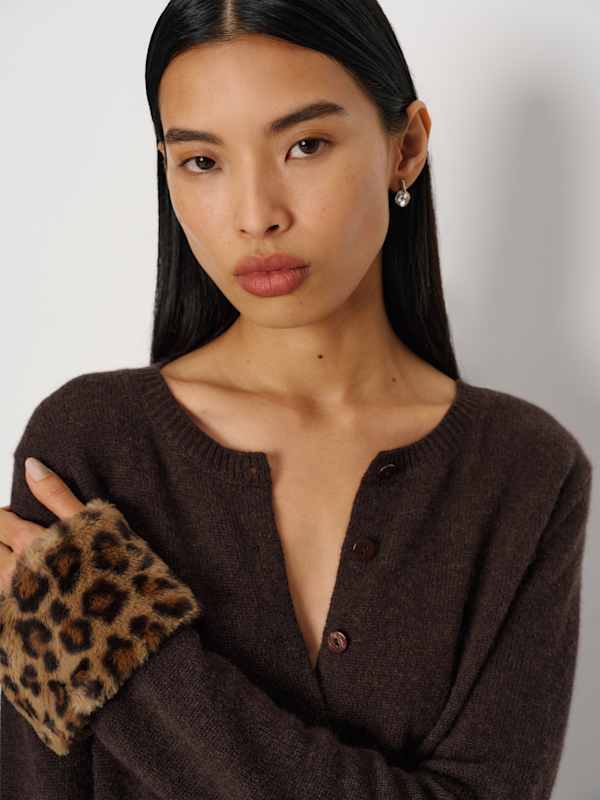Clara Cashmere Crew Cardigan - Compost Leopard Faux Fur Cuff