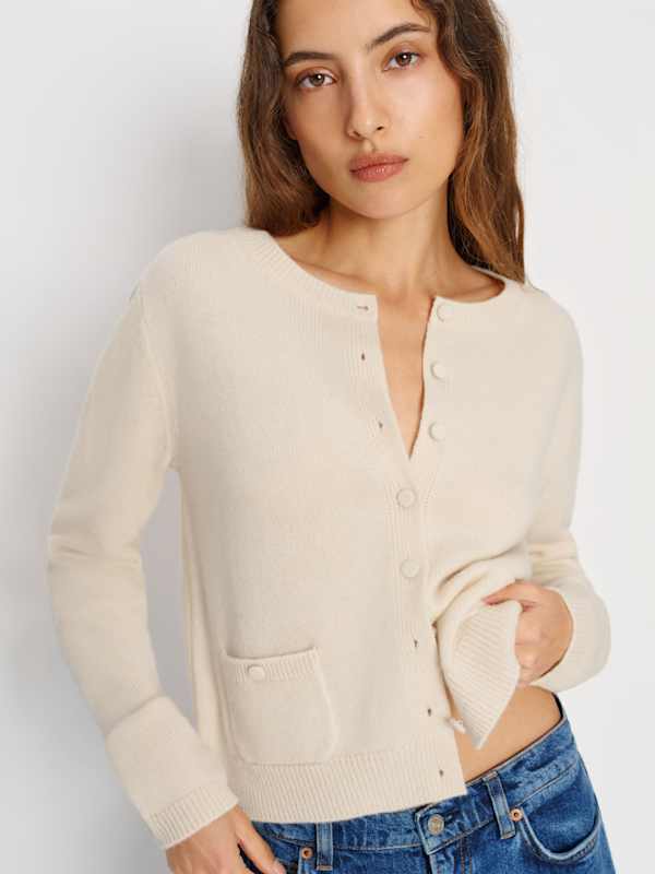 Clara Cashmere Crew Cardigan - Cream Patch Pocket