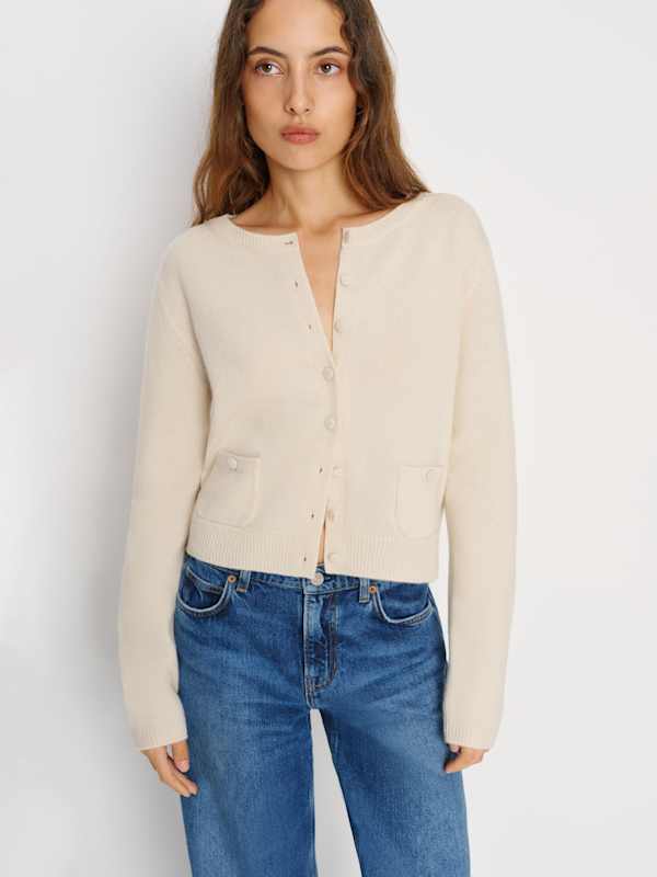 Clara Cashmere Crew Cardigan - Cream Patch Pocket