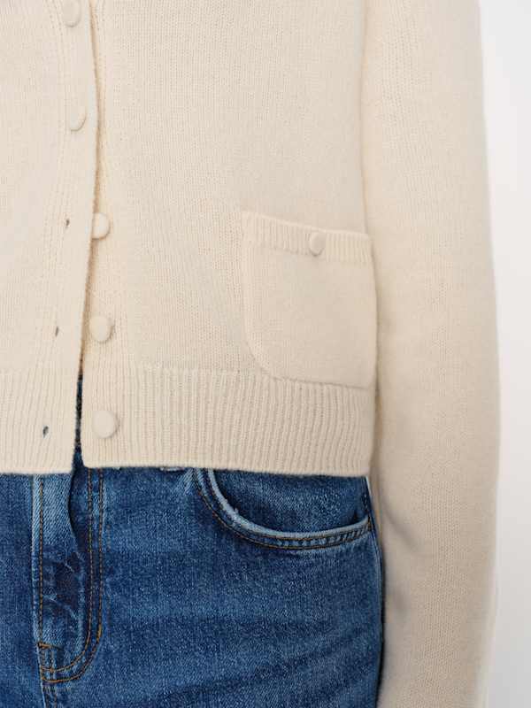 Clara Cashmere Crew Cardigan - Cream Patch Pocket