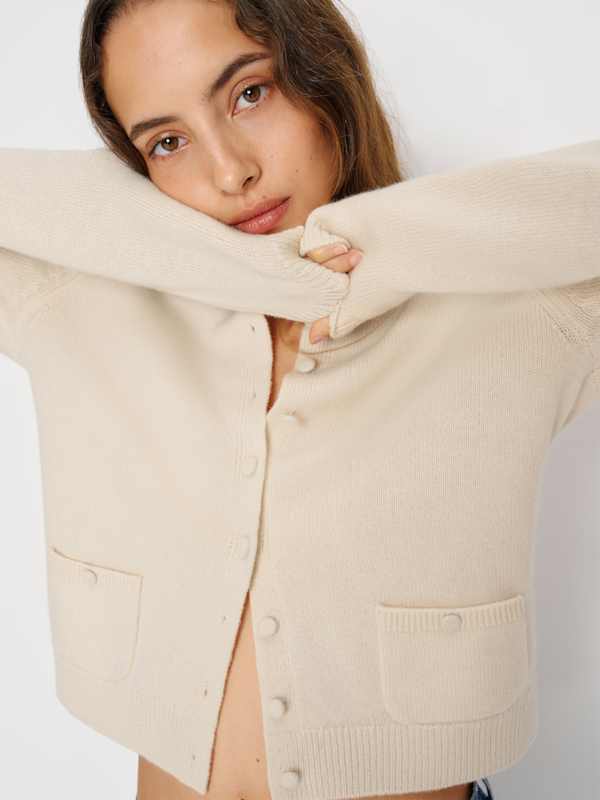 Clara Cashmere Crew Cardigan - Cream Patch Pocket
