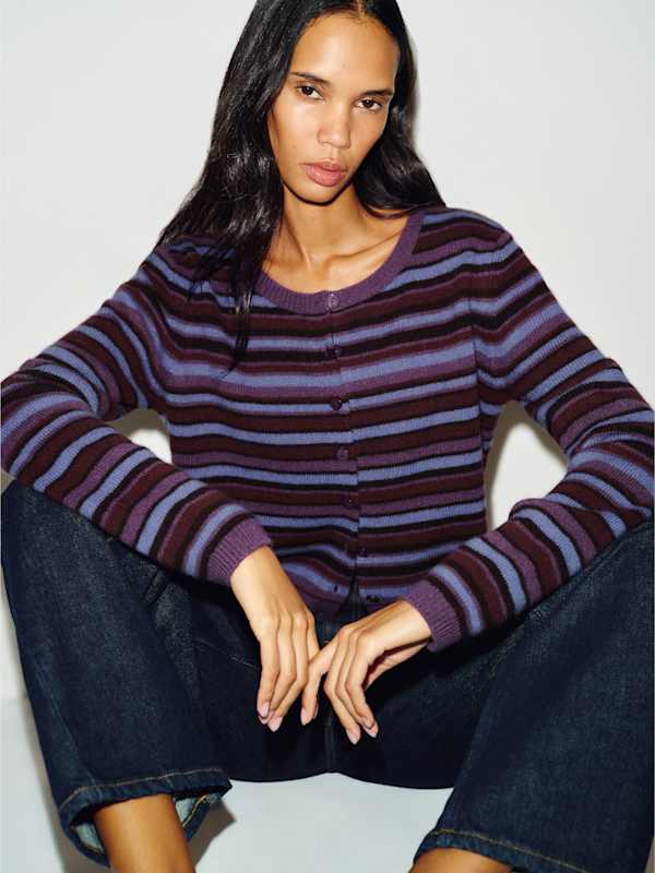 Clara Cashmere Crew Cardigan - Crushed Violet Multi Stripe