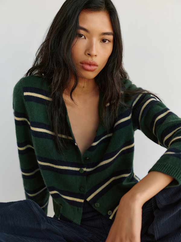 Clara Cashmere Crew Cardigan - Dark Pine Multi Stripe