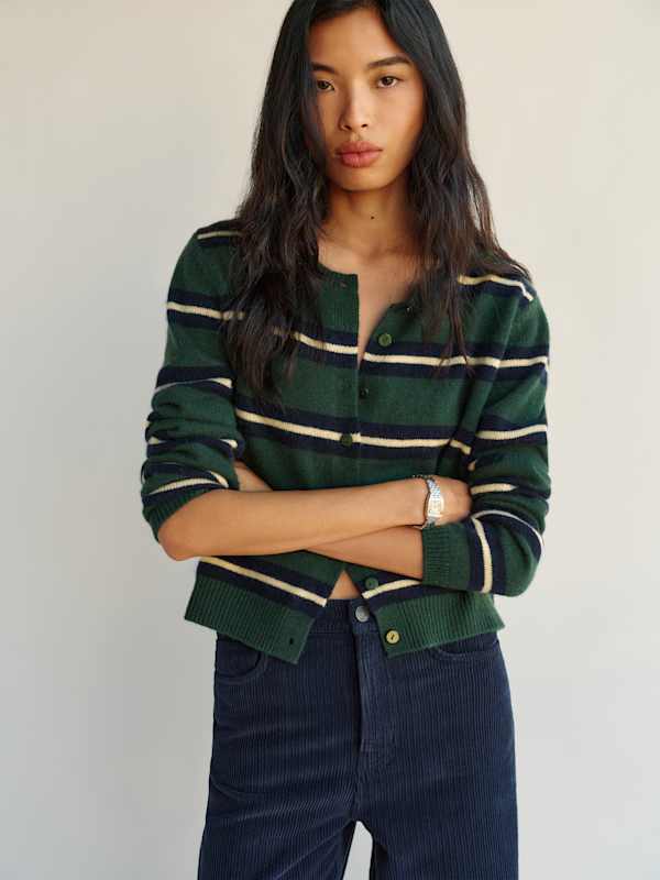 Clara Cashmere Crew Cardigan - Dark Pine Multi Stripe