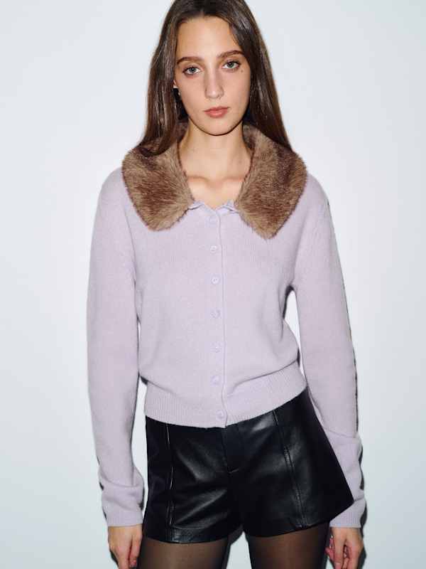 Clara Cashmere Crew Cardigan - Dream Oatmeal Faux Fur Collar