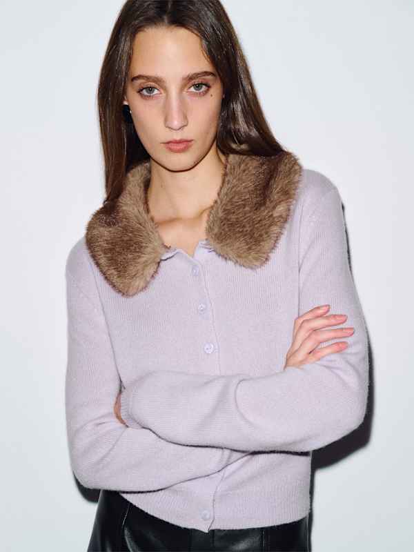Clara Cashmere Crew Cardigan - Dream Oatmeal Faux Fur Collar