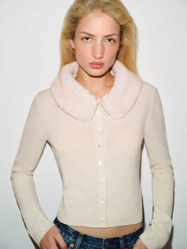 Clara Cashmere Crew Cardigan - Fior Di Latte Faux Fur Collar