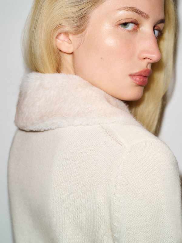 Clara Cashmere Crew Cardigan - Fior Di Latte Faux Fur Collar