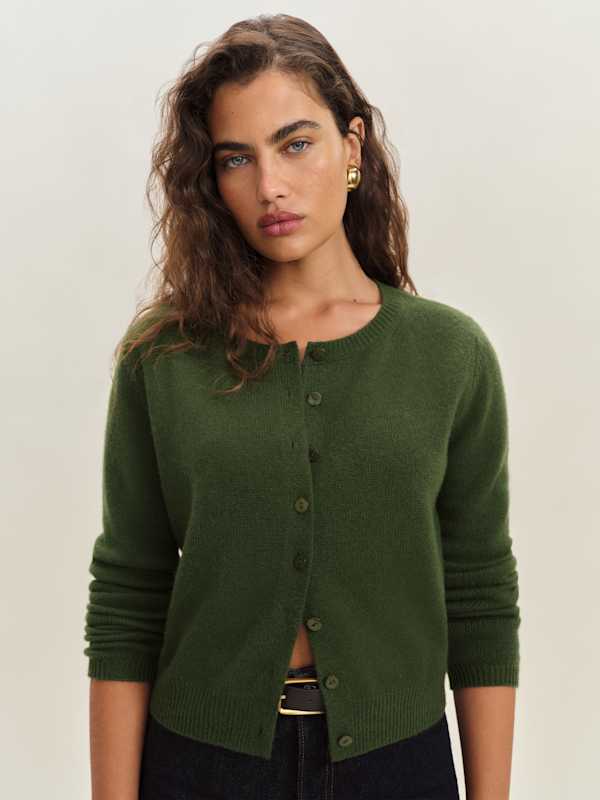 Clara Cashmere Crew Cardigan - Grass