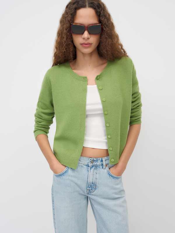 Clara Cashmere Crew Cardigan - Green Bean