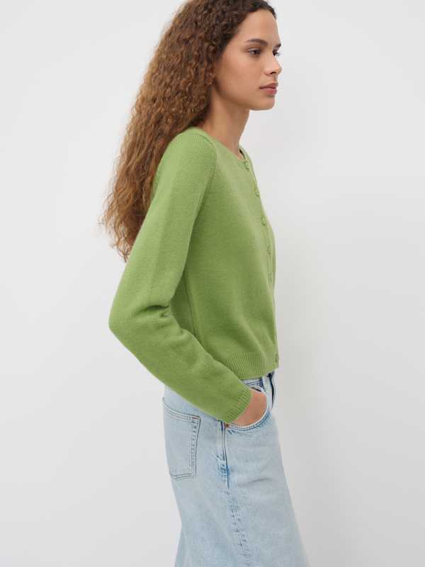 Clara Cashmere Crew Cardigan - Green Bean