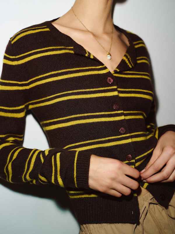 Clara Cashmere Crew Cardigan - Mole Chartreuse Stripe