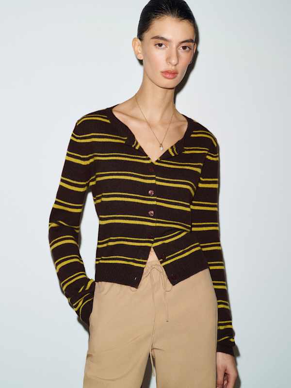Clara Cashmere Crew Cardigan - Mole Chartreuse Stripe