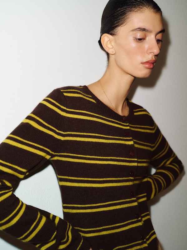 Clara Cashmere Crew Cardigan - Mole Chartreuse Stripe
