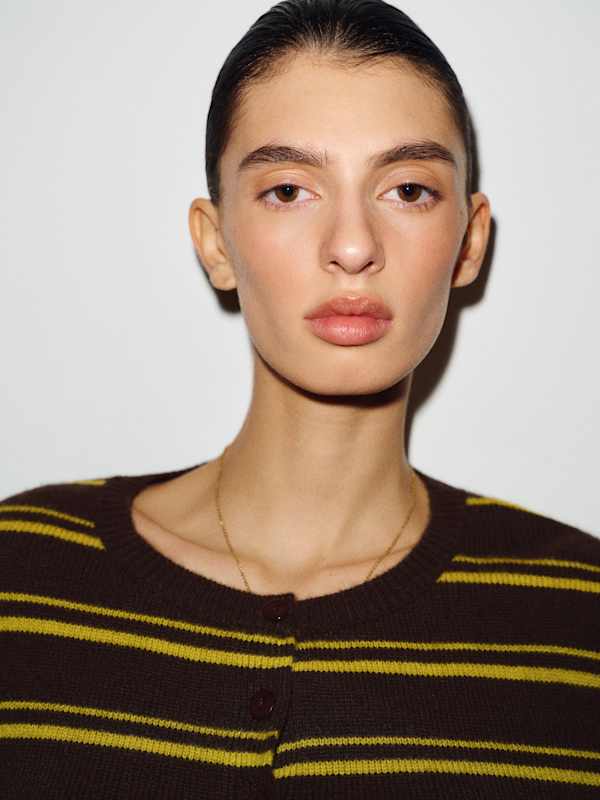 Clara Cashmere Crew Cardigan - Mole Chartreuse Stripe