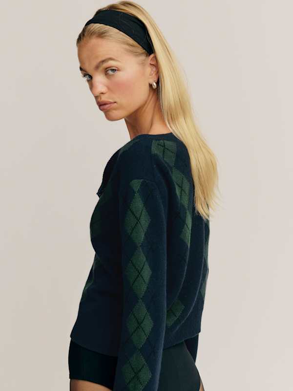 Clara Cashmere Crew Cardigan - Navy Multi Argyle