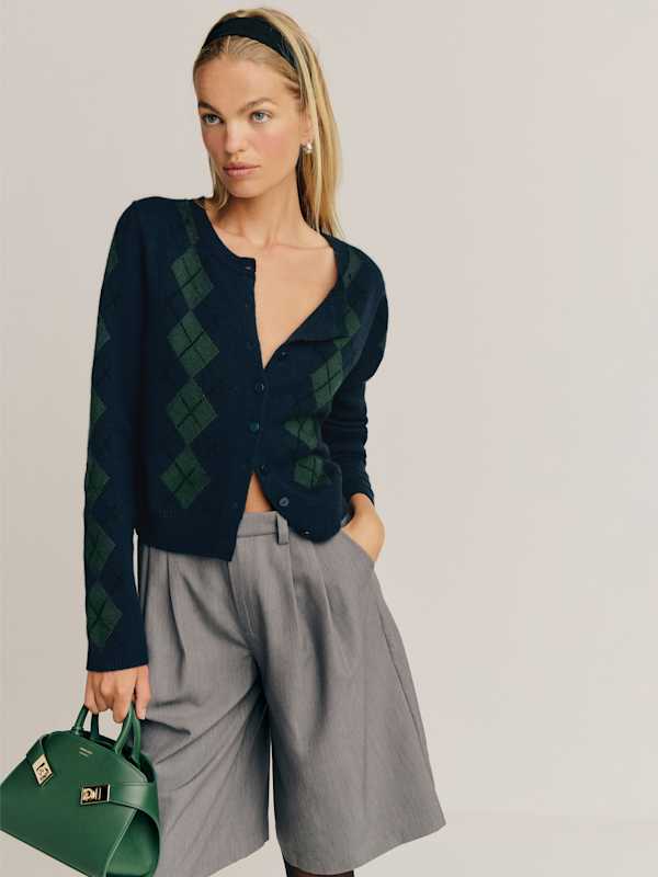 Clara Cashmere Crew Cardigan - Navy Multi Argyle