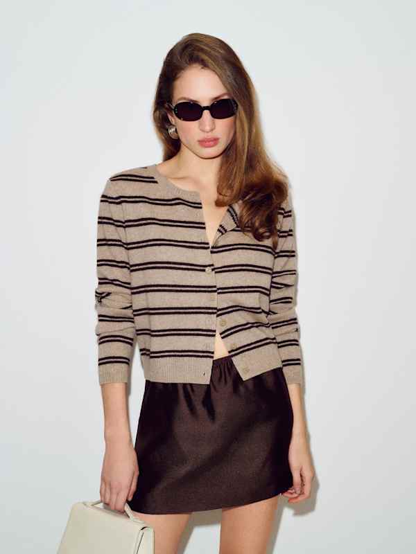 Clara Cashmere Crew Cardigan - Oatmeal Mole Stripe
