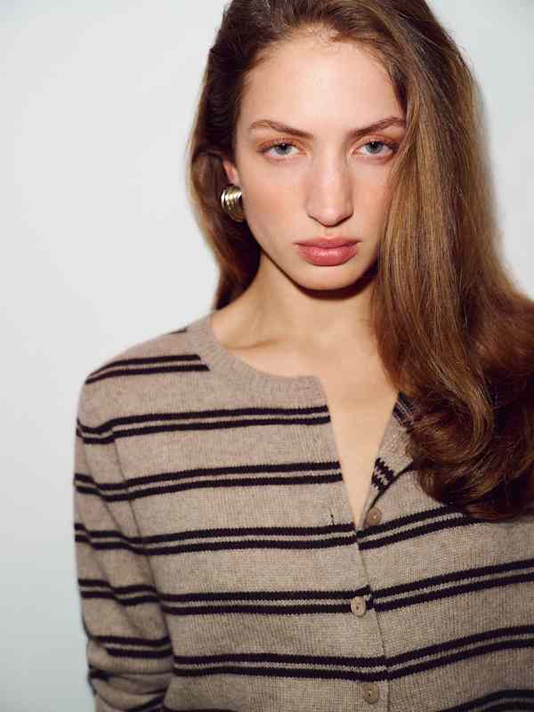 Clara Cashmere Crew Cardigan - Oatmeal Mole Stripe