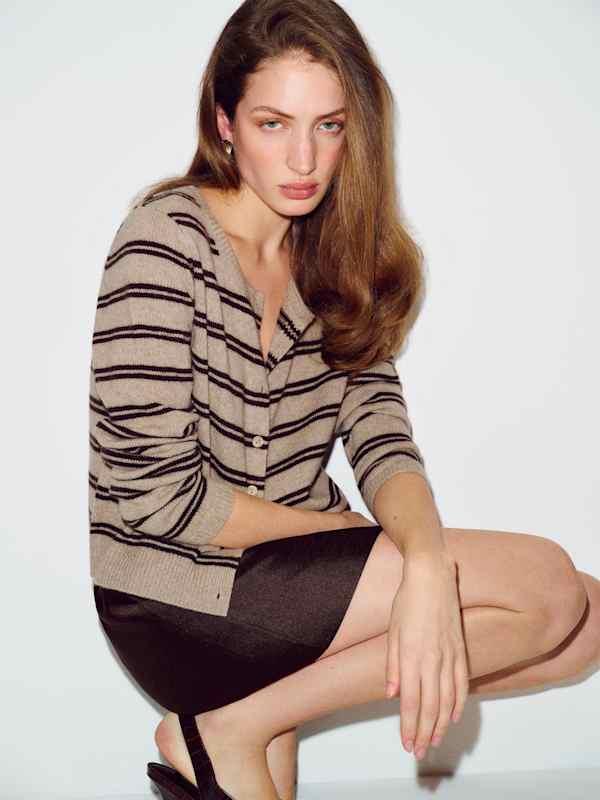 Clara Cashmere Crew Cardigan - Oatmeal Mole Stripe
