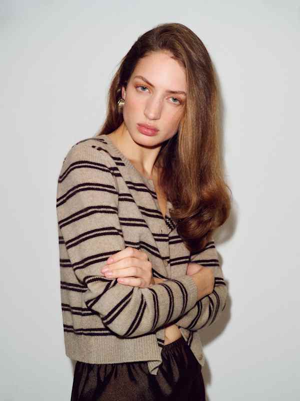 Clara Cashmere Crew Cardigan - Oatmeal Mole Stripe