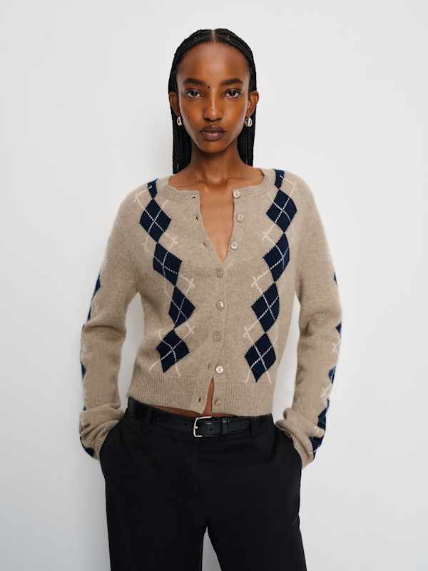 Clara Cashmere Crew Cardigan - Oatmeal Navy Argyle