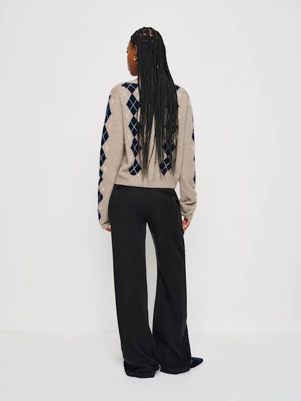 Clara Cashmere Crew Cardigan - Oatmeal Navy Argyle