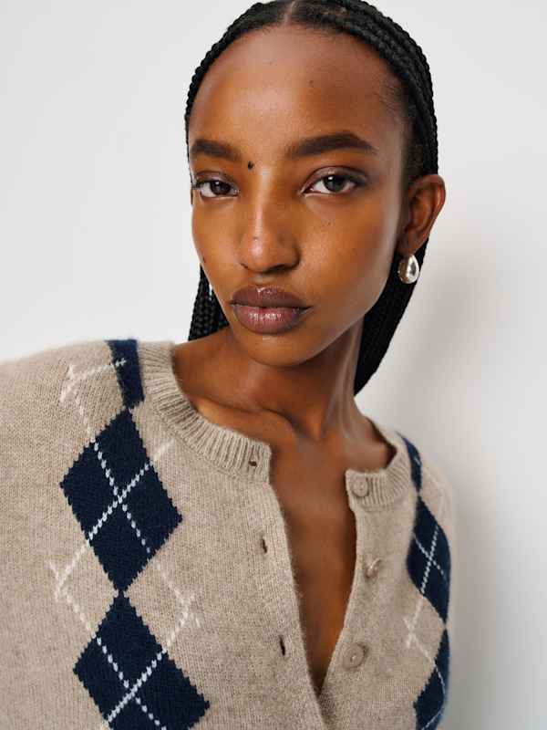 Clara Cashmere Crew Cardigan - Oatmeal Navy Argyle