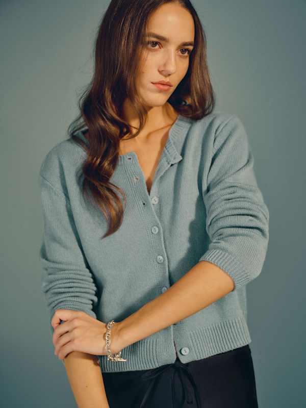 Clara Cashmere Crew Cardigan - Turquoise