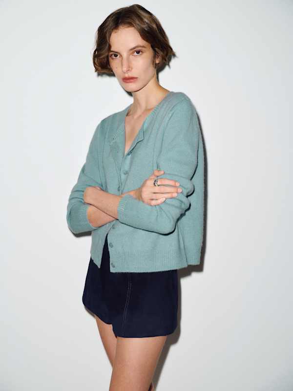 Clara Cashmere Crew Cardigan - Turquoise