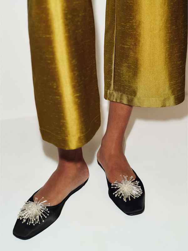 Yoanna Flat Mule - Black Satin Pom