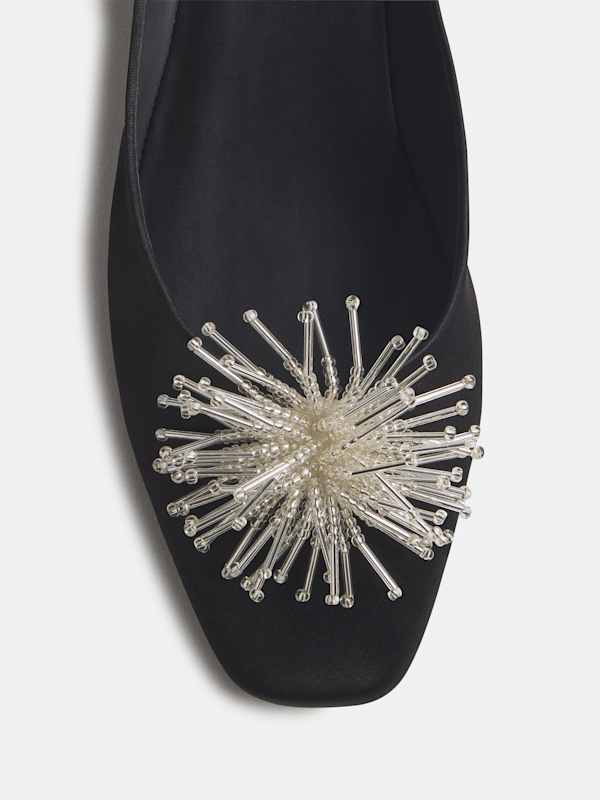 Yoanna Flat Mule - Black Satin Pom