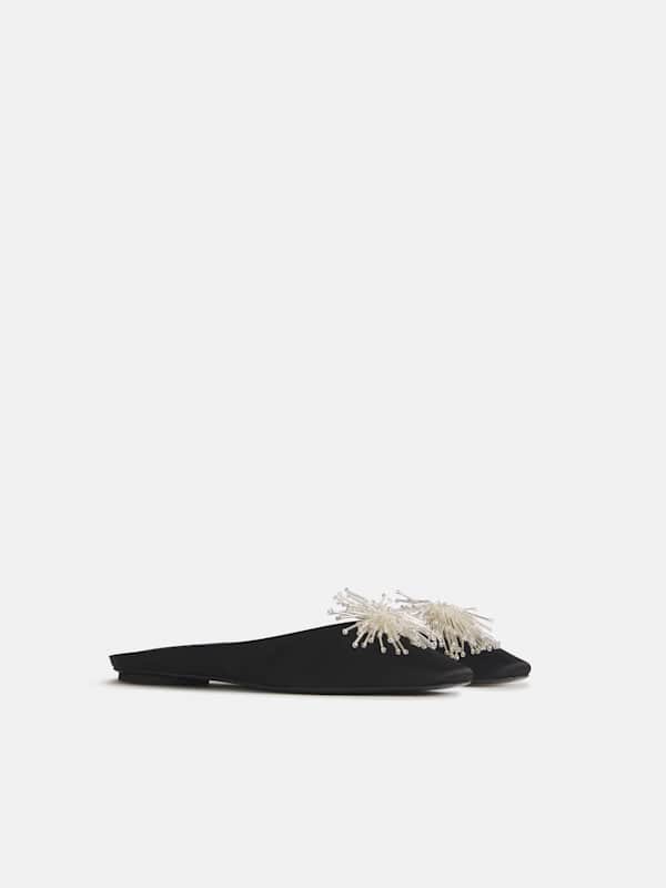 Yoanna Flat Mule - Black Satin Pom
