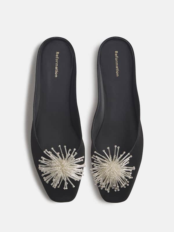Yoanna Flat Mule - Black Satin Pom