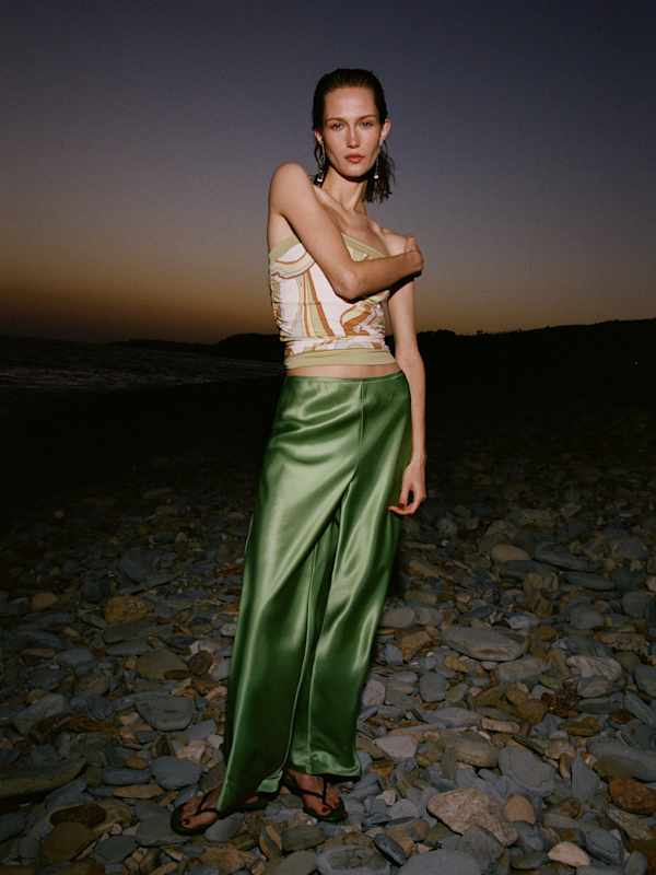 Gale Satin Mid Rise Bias Pant - Jade Green