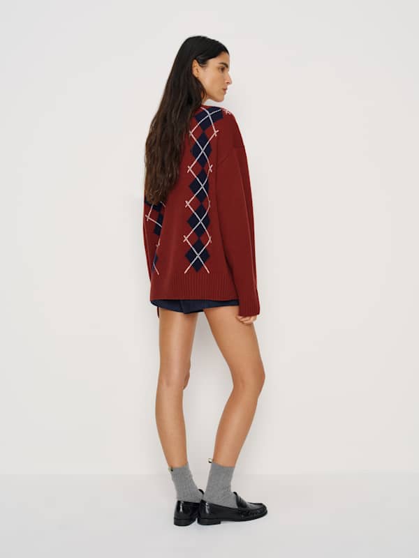 Jadey Cashmere Oversized V-neck Sweater - Chianti Multi Argyle