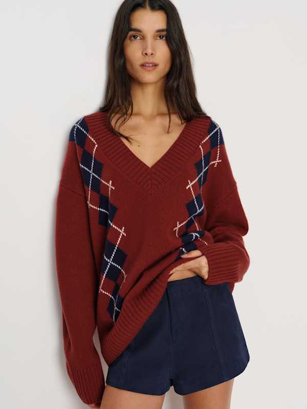 Jadey Cashmere Oversized V-neck Sweater - Chianti Multi Argyle
