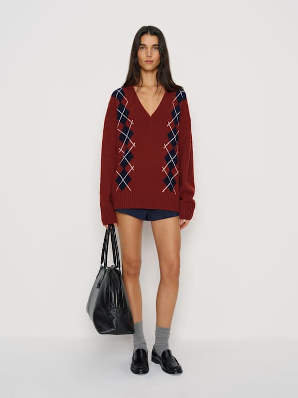 Jadey Cashmere Oversized V-neck Sweater - Chianti Multi Argyle