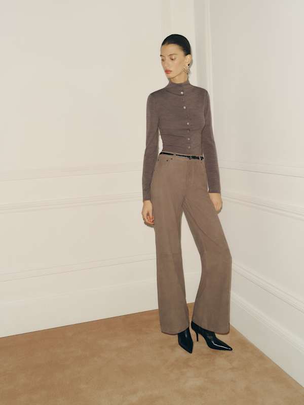 Veda Cary Wide Leg Leather Pant - Mushroom Suede