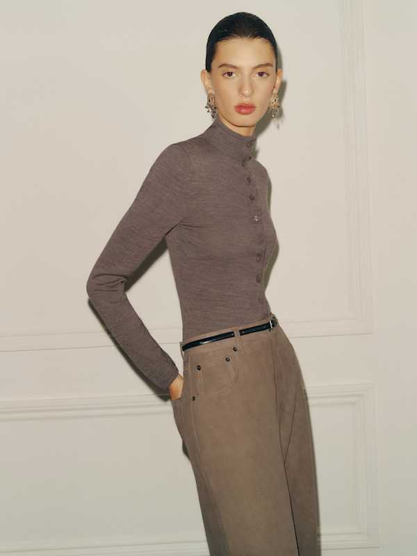 Veda Cary Wide Leg Leather Pant - Mushroom Suede