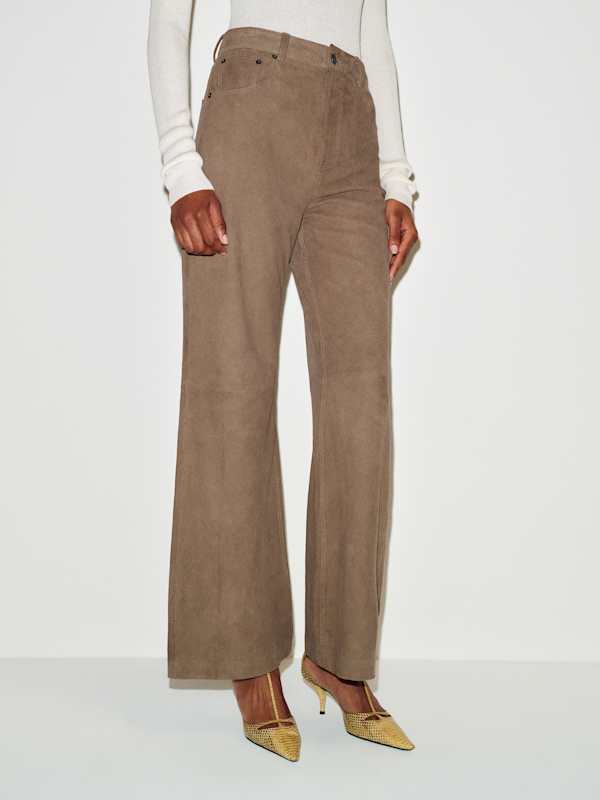 Veda Cary Wide Leg Leather Pant - Mushroom Suede