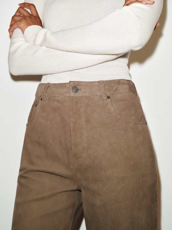 Veda Cary Wide Leg Leather Pant - Mushroom Suede
