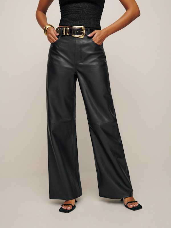 Petites Veda Kennedy Wide Leg Leather Pant - Black