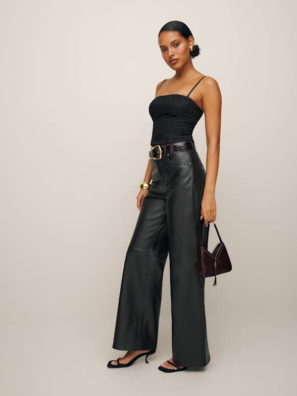 Petites Veda Kennedy Wide Leg Leather Pant - Black