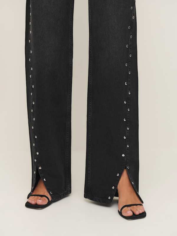 Cary High Rise Slouchy Straight Leg Jeans - Vana Vented Studded