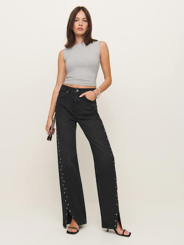 Cary High Rise Slouchy Straight Leg Jeans - Vana Vented Studded