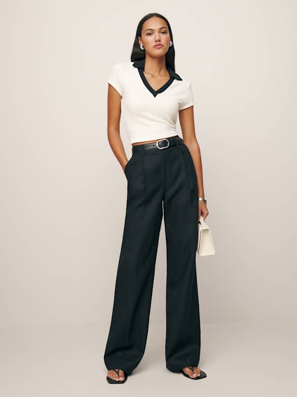 Petites Alex Linen Mid Rise Pant - Black