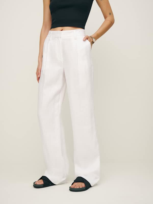 Petites Alex Linen Mid Rise Pant - White